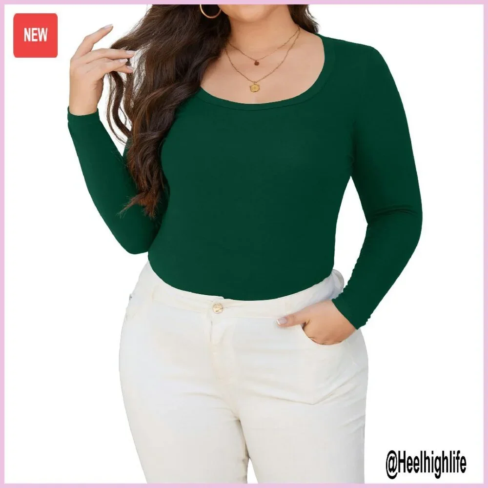 Plus Size Long Sleeve Scoop Neck T-Shirt Stretchy Slim Fit Basic Top